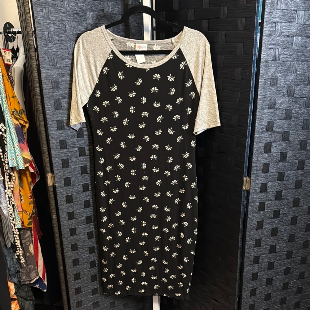 LuLaRoe Julia Black and Grey Sheath Dress with Raccoons XS
